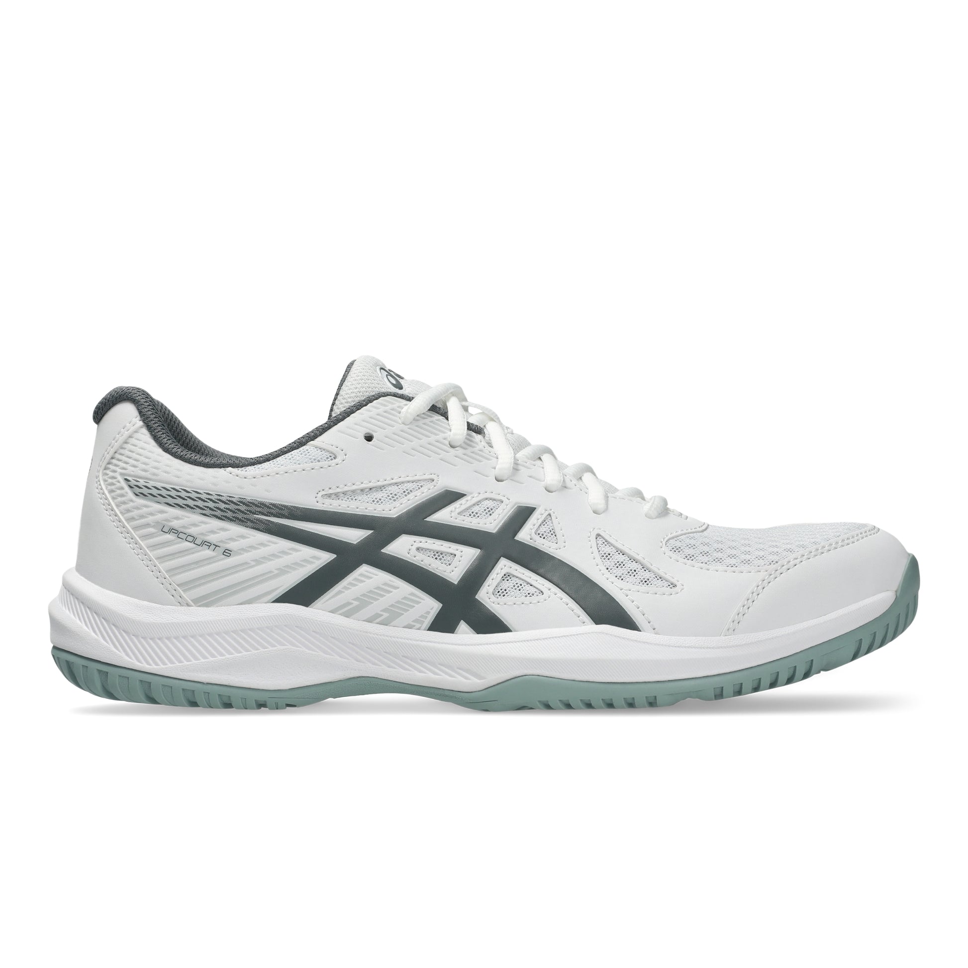 A white Asics squash shoe with dark gray stripes and a light green outsole, shown in a side profile on a white background.