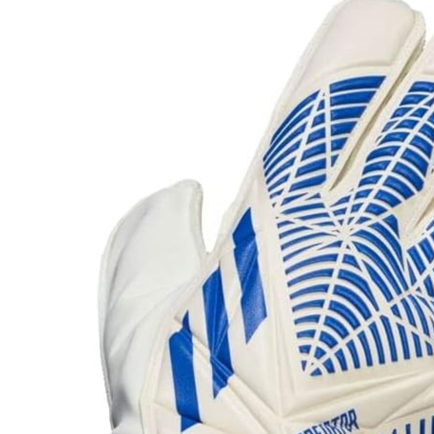 Close-up of a soccer ball with blue and white pattern on a white background