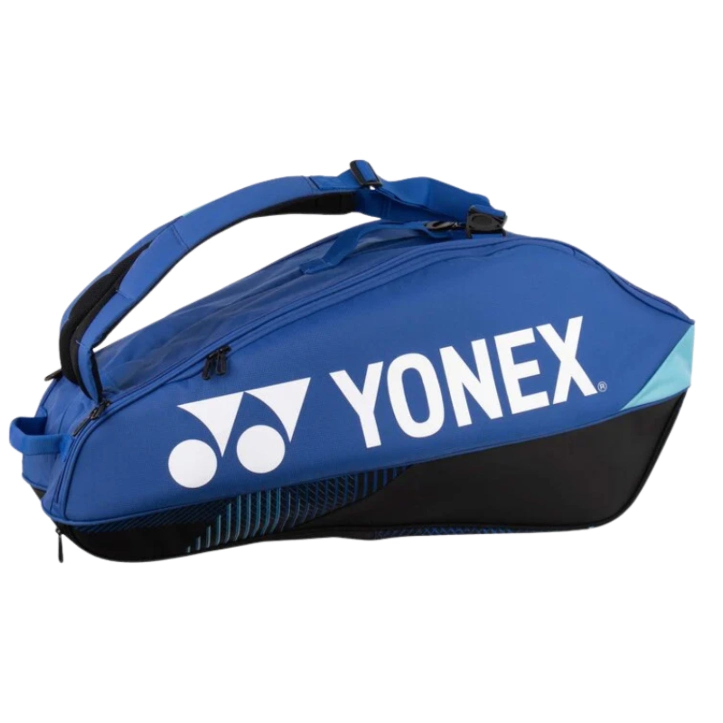 Blue Yonex tennis bag on a white background