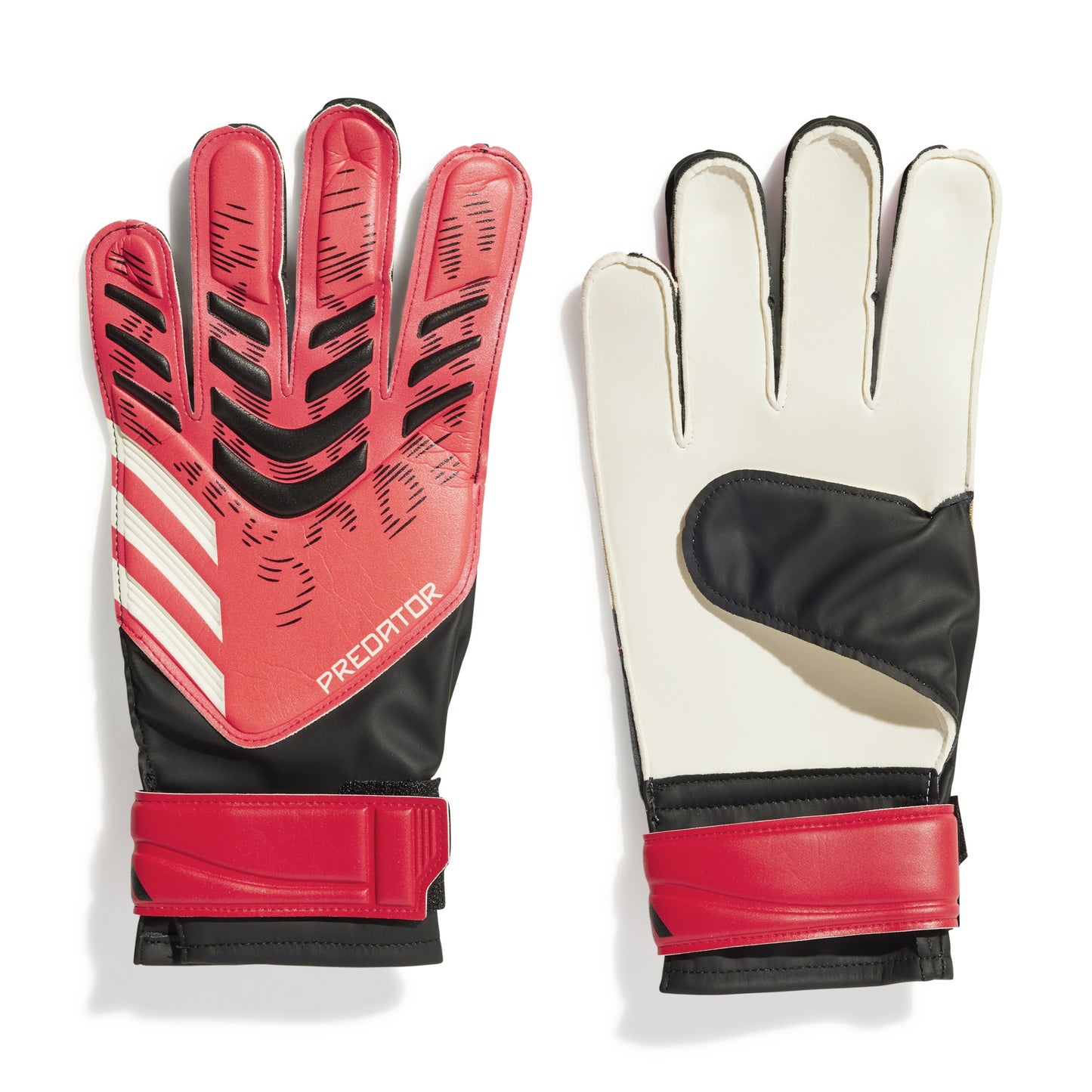 Pair of red and black Adidas gloves with 'Predator' branding on a white background