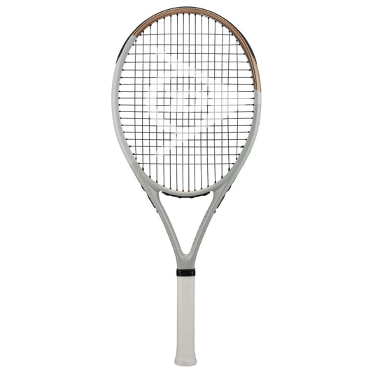 Dunlop tennis racket with a white frame and brown handle on a white background