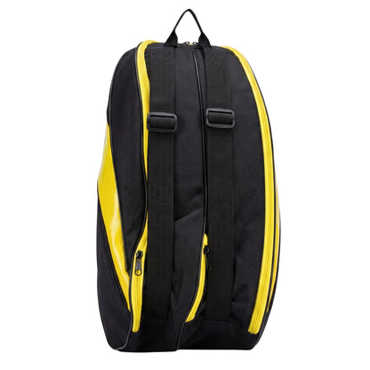 Black and yellow Yonex tennis racket bag on a white background