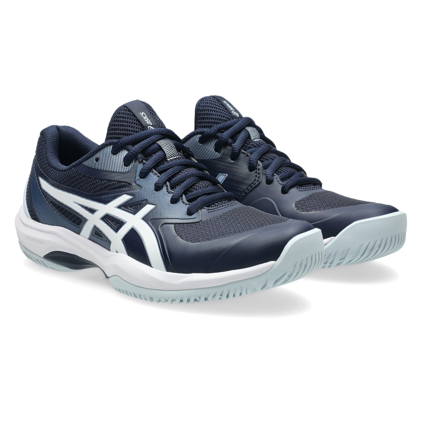 Pair of navy and white Asics tennis shoes with white accents on a white background