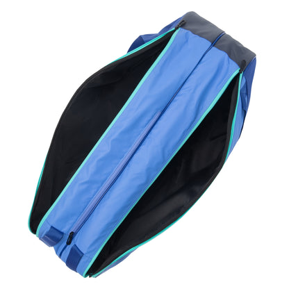 Blue and black tennis bag with a zipper on a white background