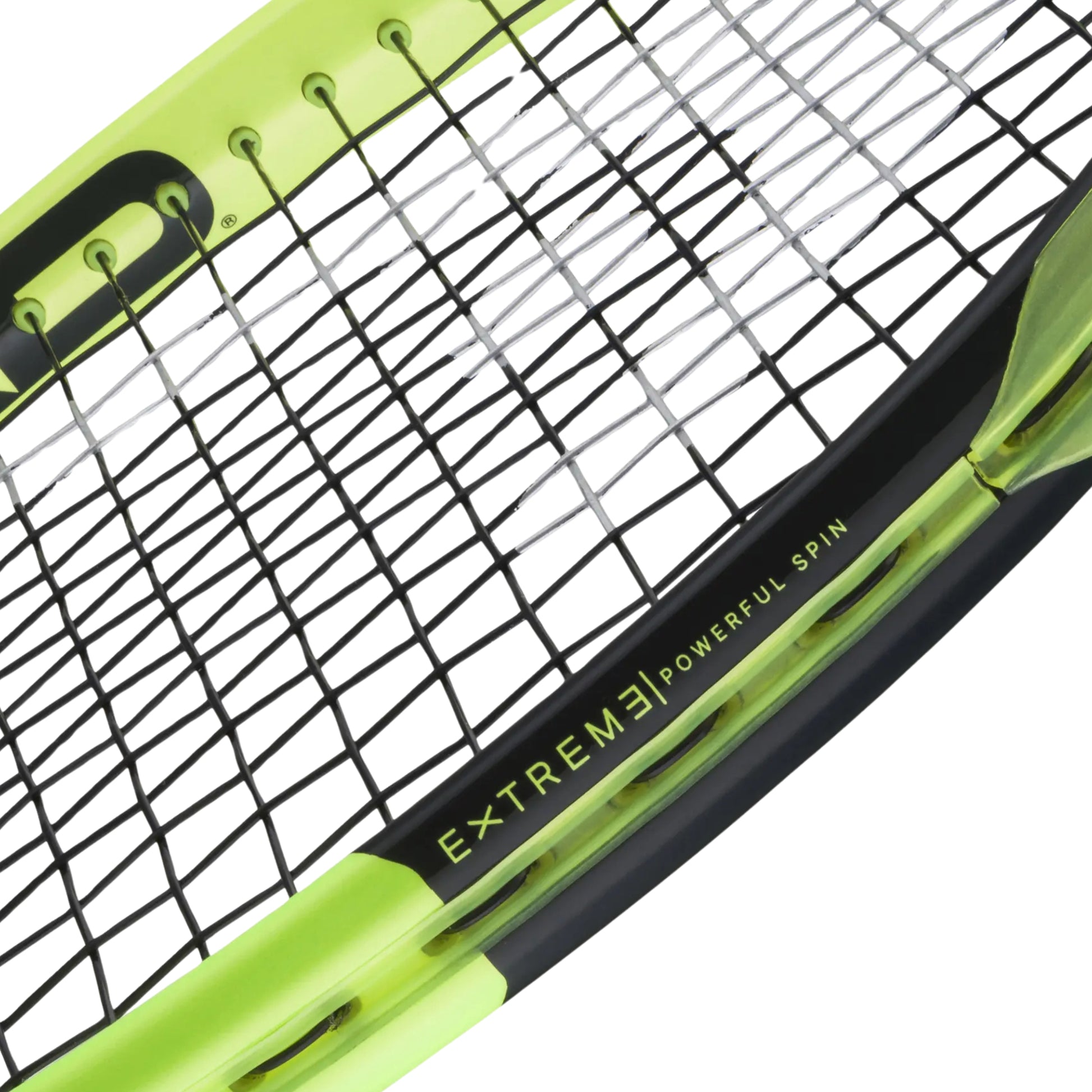 Close-up of a Head tennis racket frame and strings, showing a bright neon yellow-green and black design with the text 'EXTREM3 POWERFUL SPIN' on the throat.