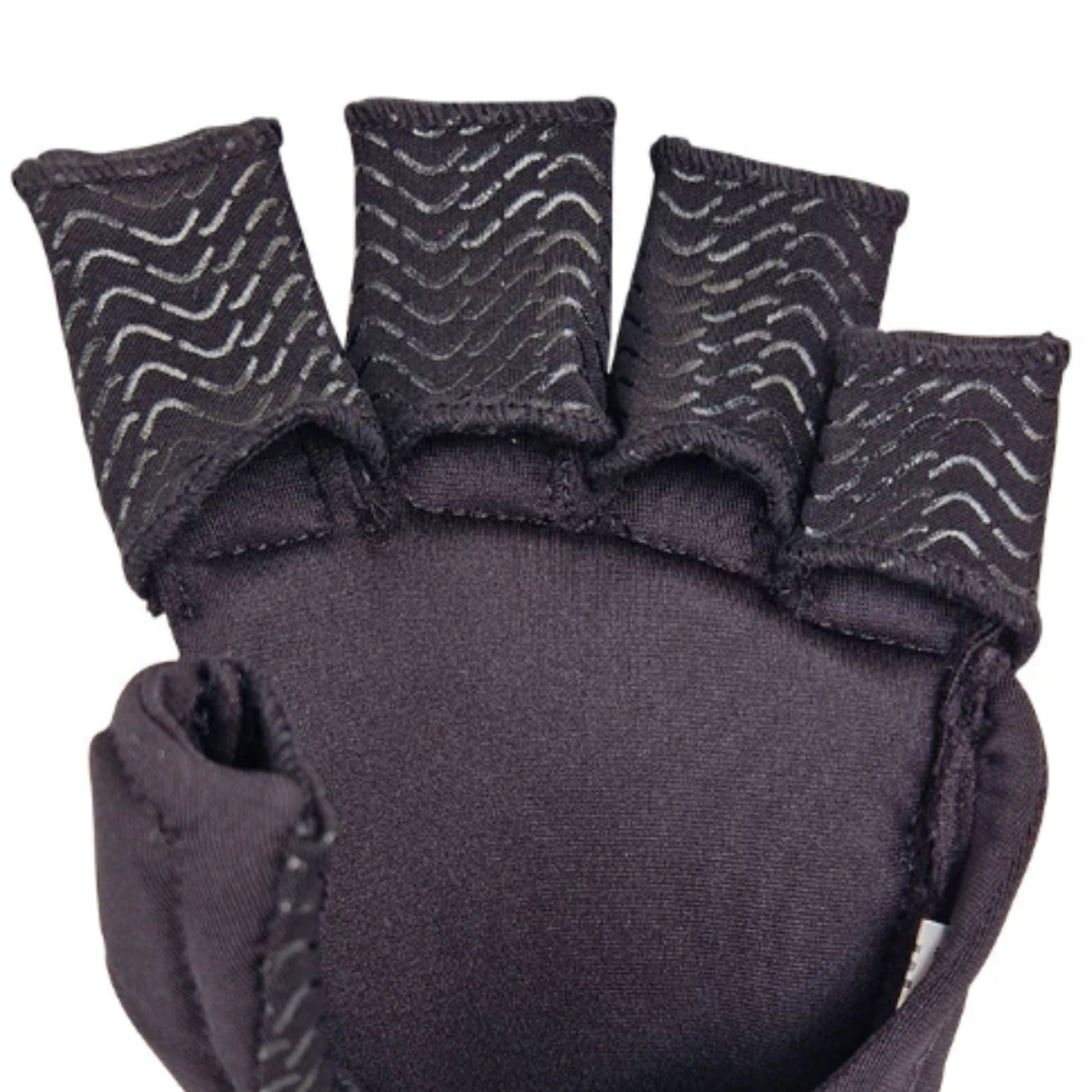 Black fingerless gloves with textured cuffs on a white background