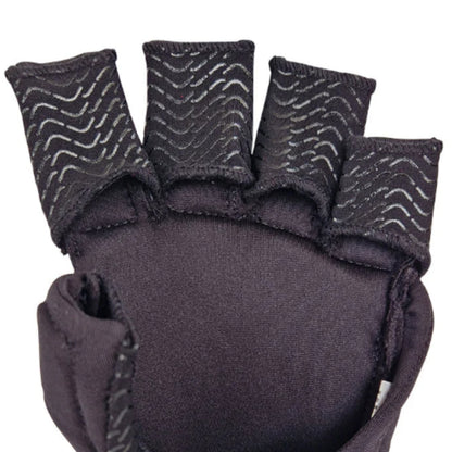 Black fingerless gloves with textured cuffs on a white background