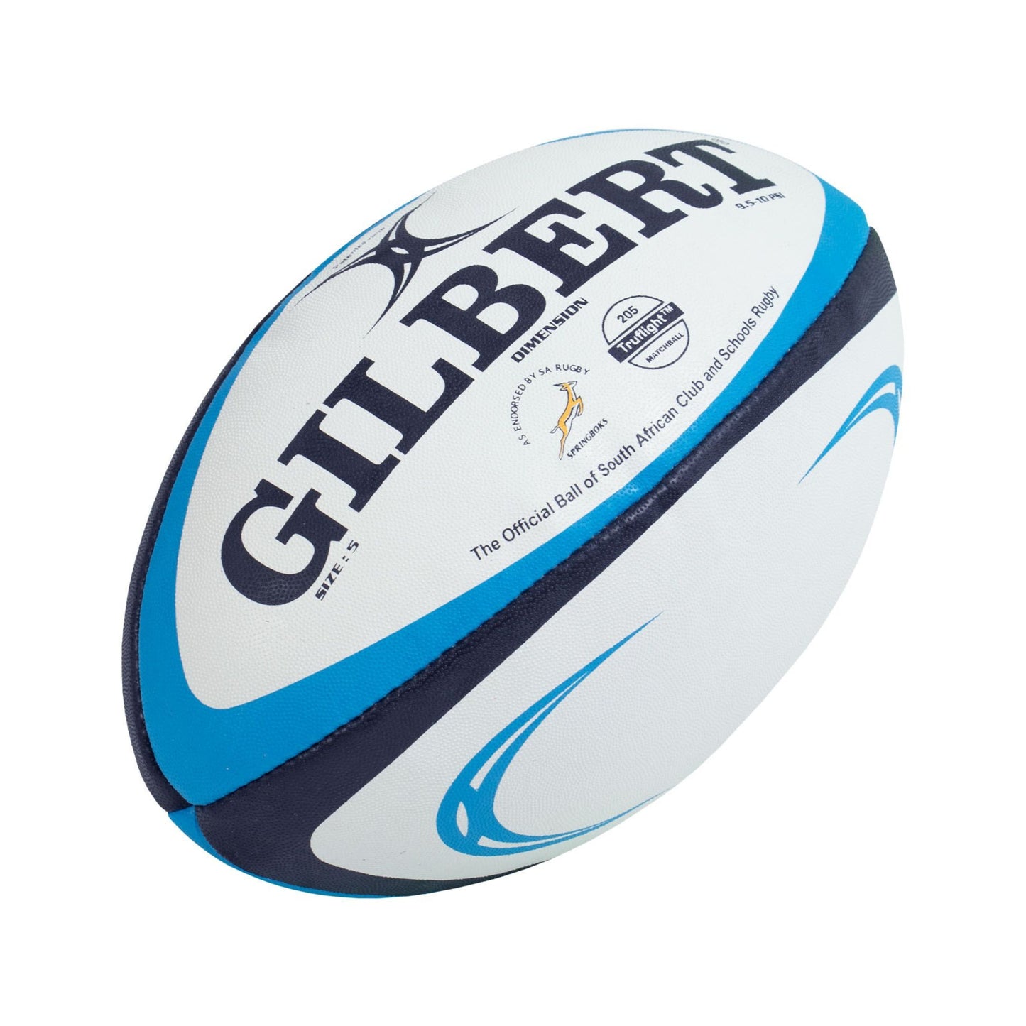 White rugby ball with blue and black accents featuring the Gilbert logo on a white background