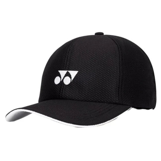 Black Yonex cap with a logo on a white background