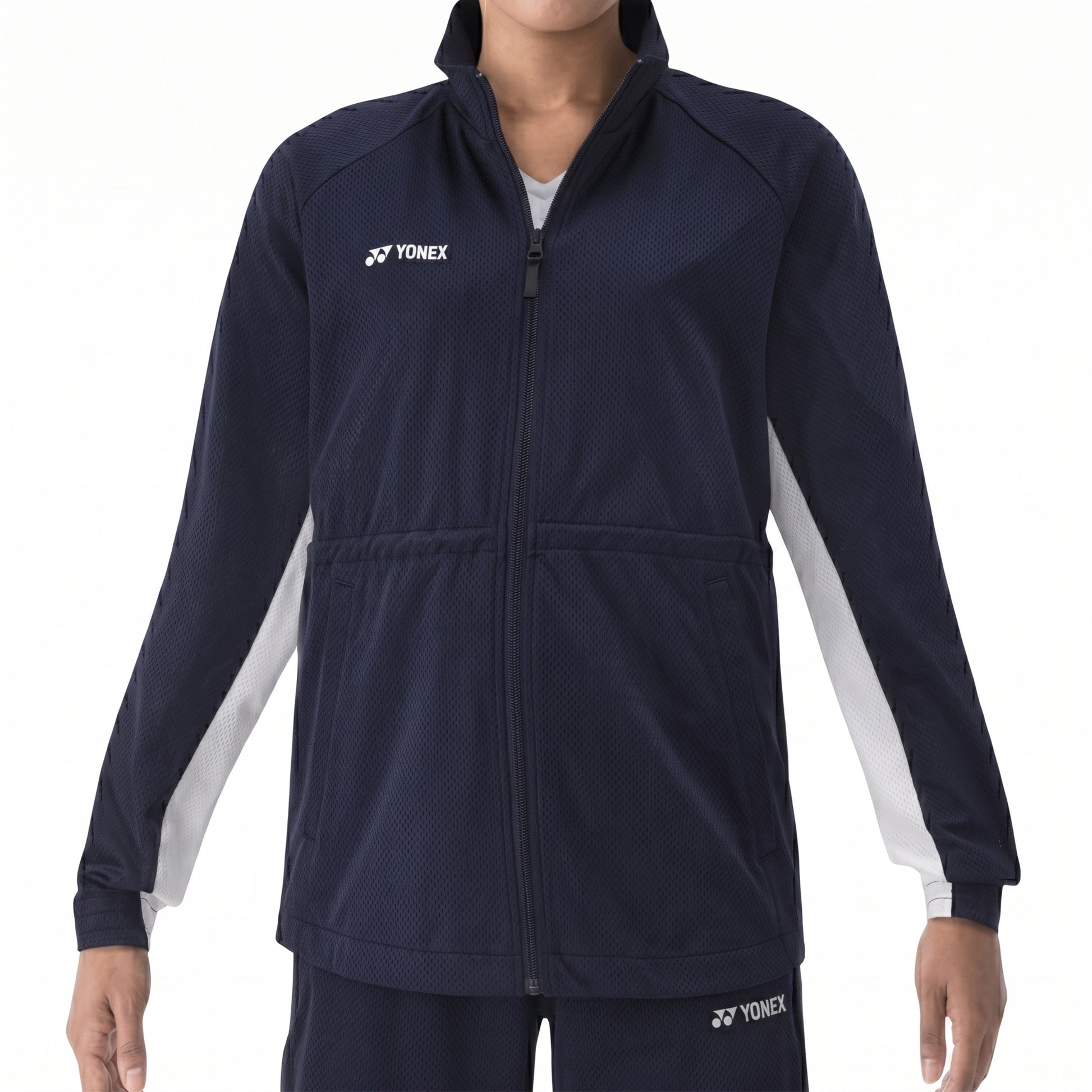 Navy blue jacket with white accents featuring Yonex logo on a white background