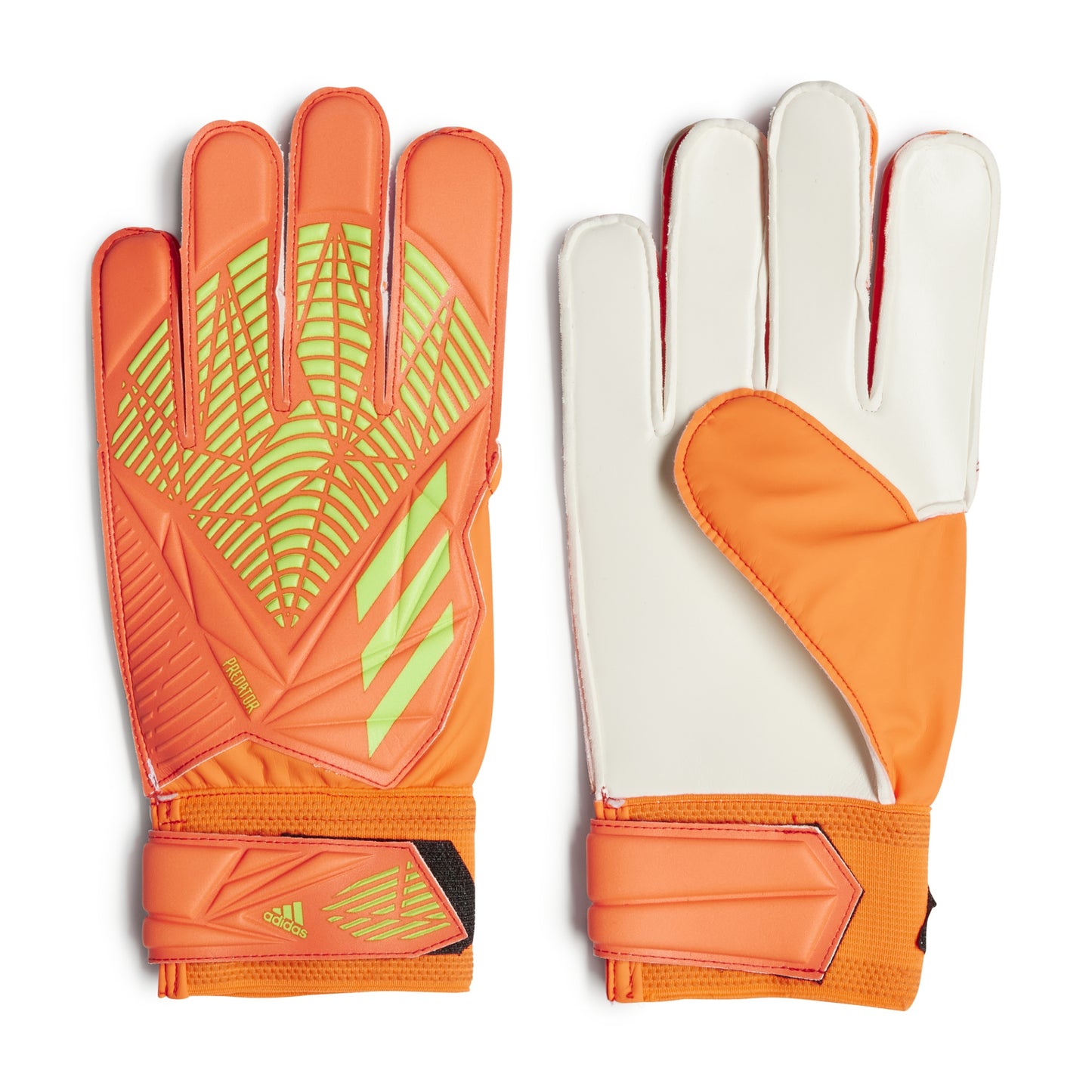 Pair of orange and white gloves with Adidas logo on a white background