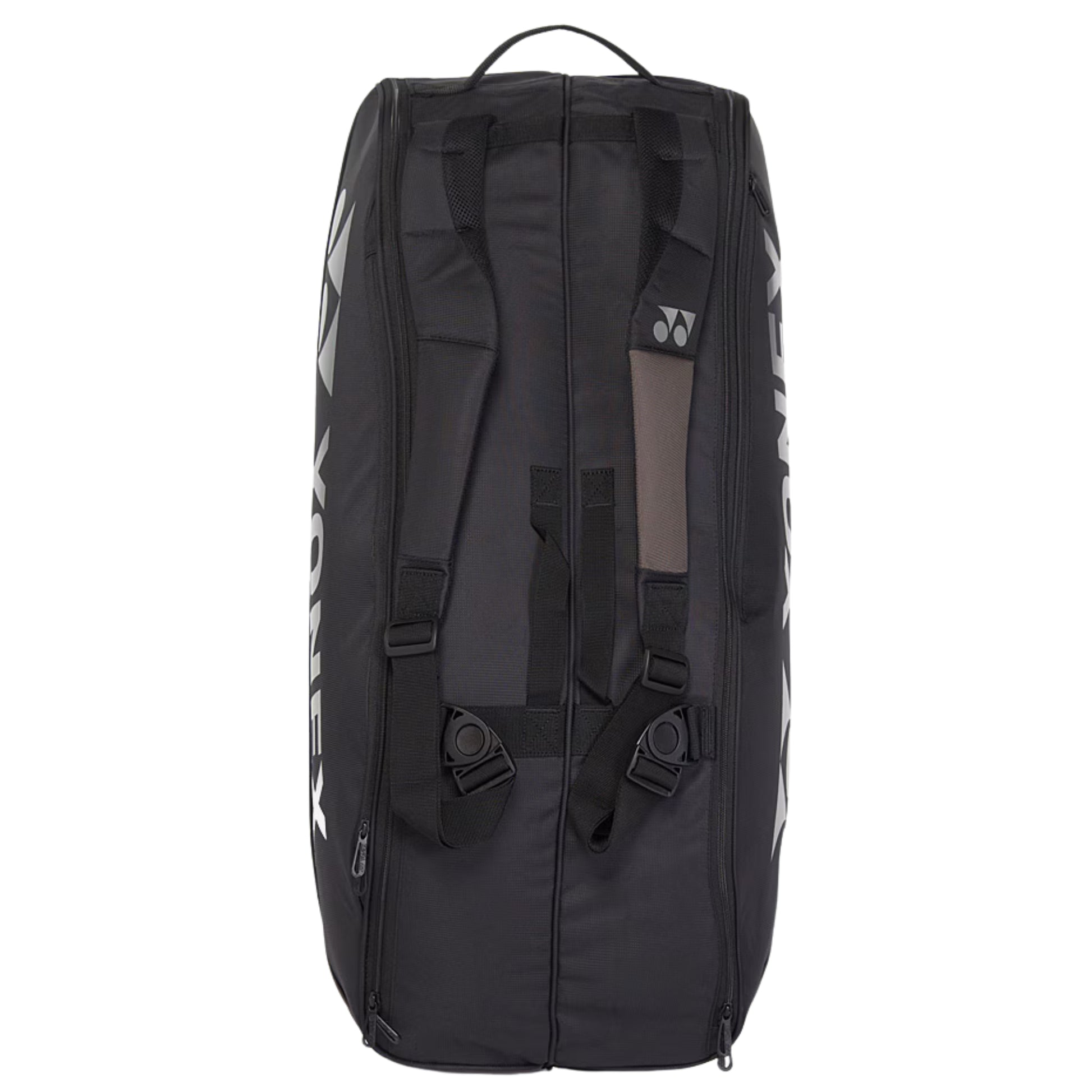 Black Yonex tennis bag on a white background