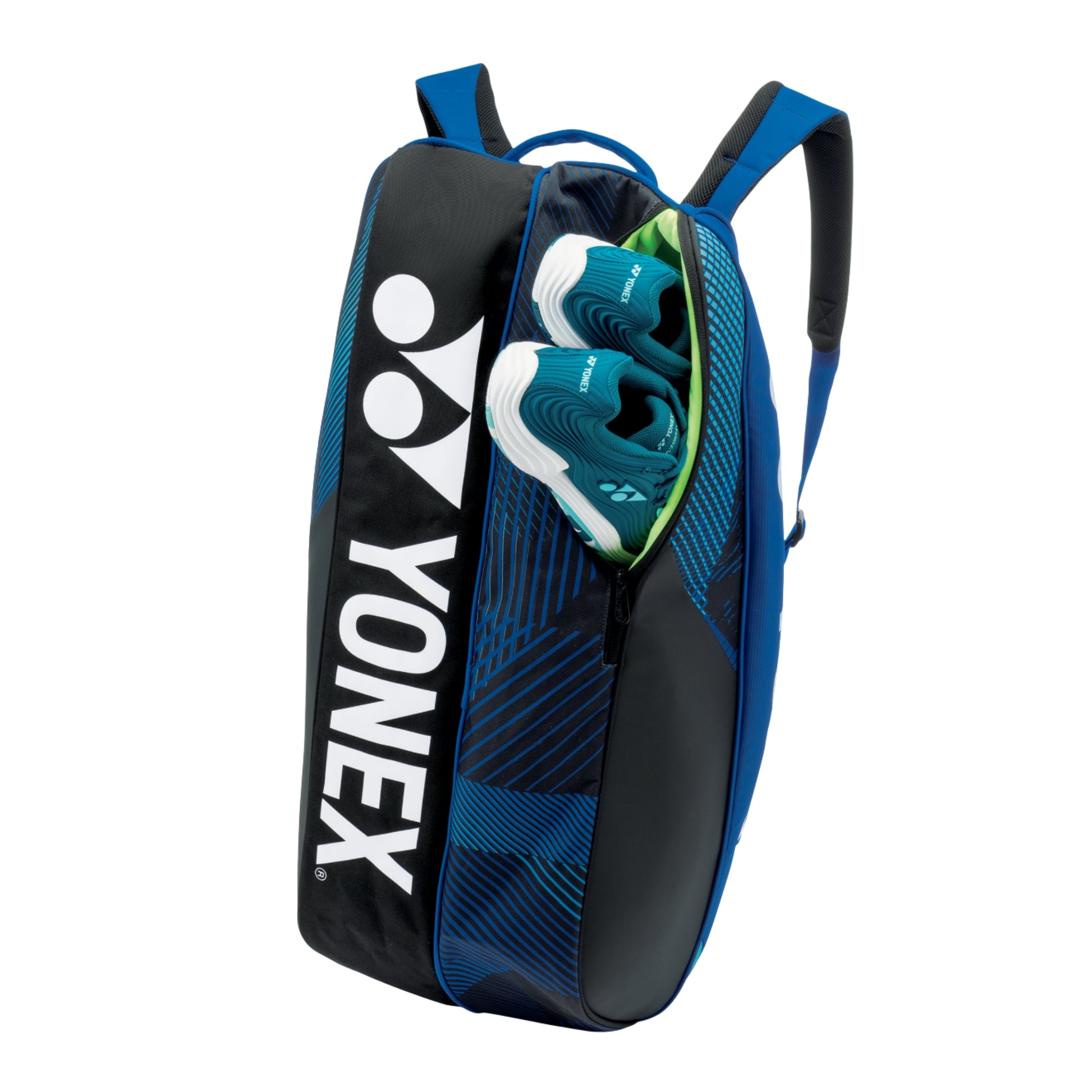 Blue and black Yonex tennis bag with shoes inside on a white background