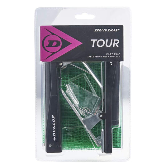 Dunlop Tour table tennis net and post set packaging on a white background