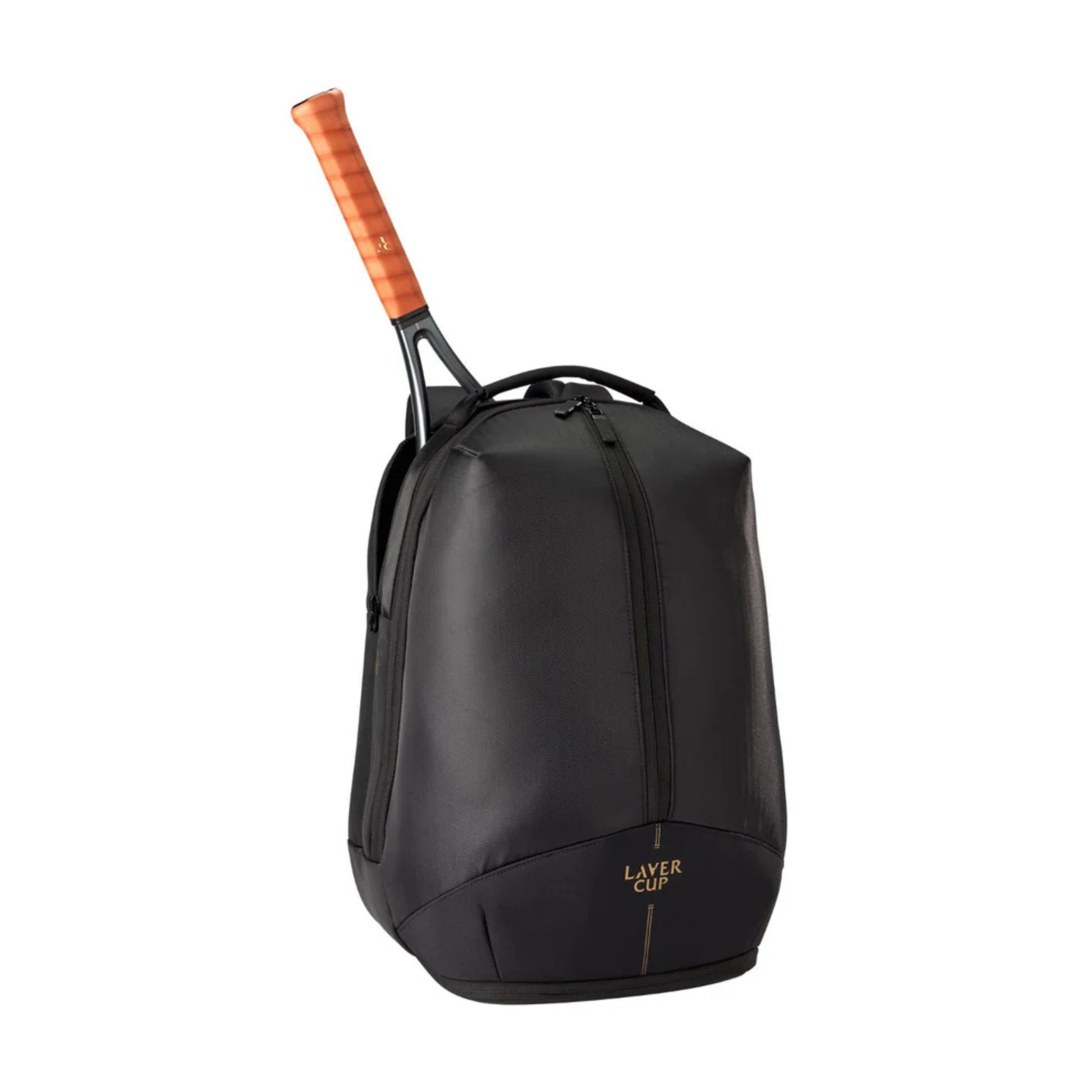 Black tennis racket bag with a tennis racket on a white background
