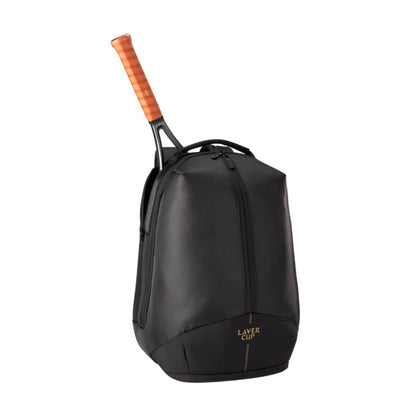 Black tennis racket bag with a tennis racket on a white background