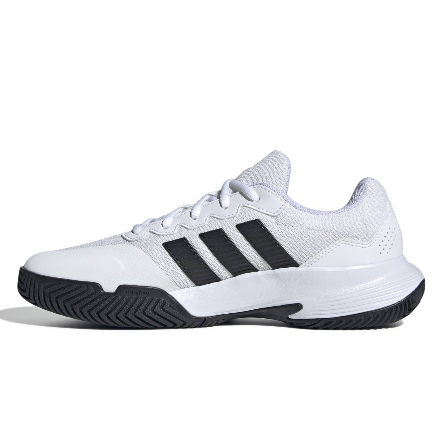 White and black tennis shoe with black stripes on a white background