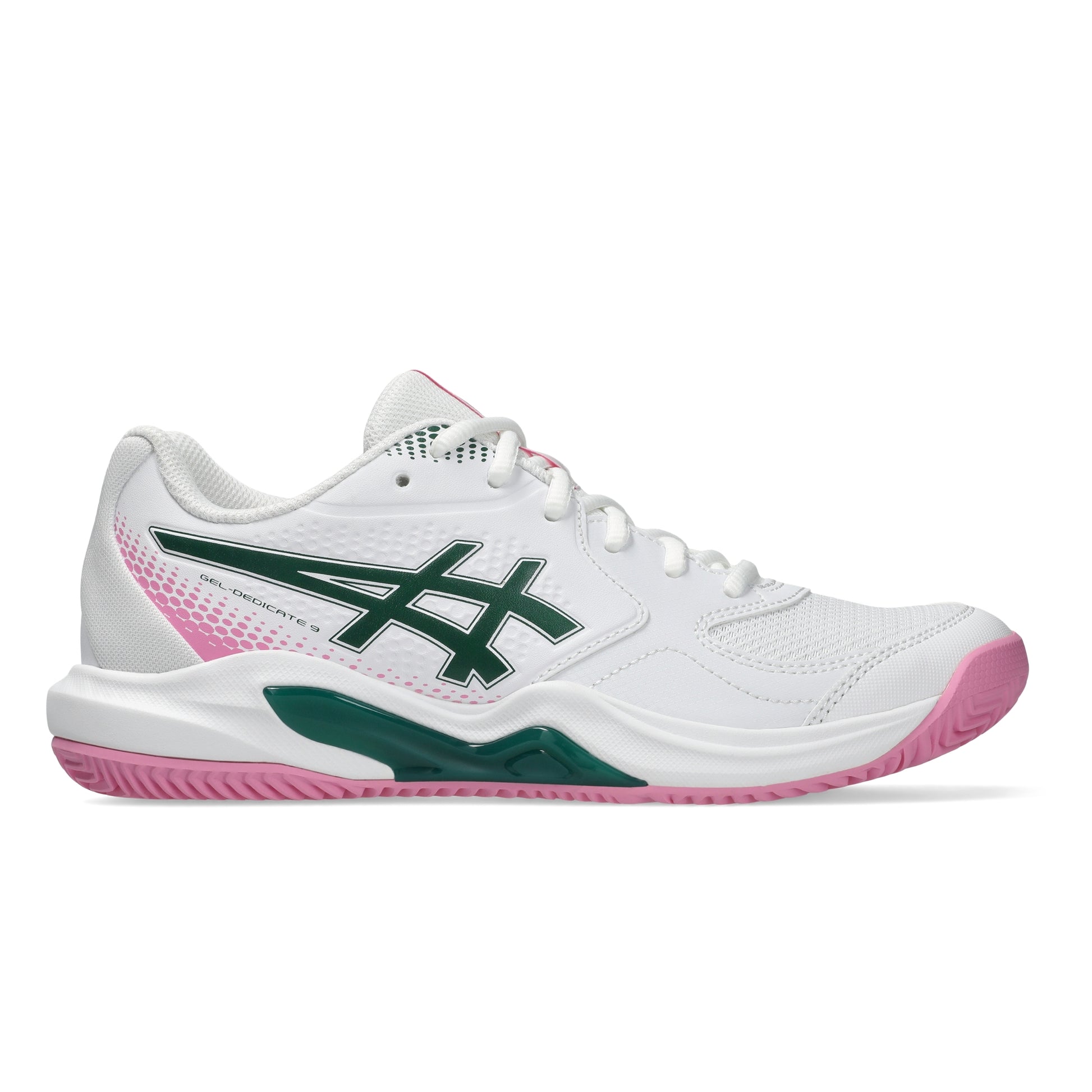 A white ASICS padel shoe with green and pink accents, shown in a side profile on a clean white background.