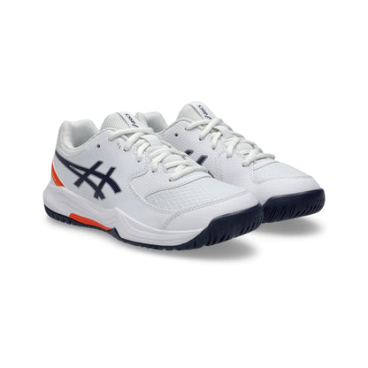 White Asics tennis shoes with black and orange accents on a white background
