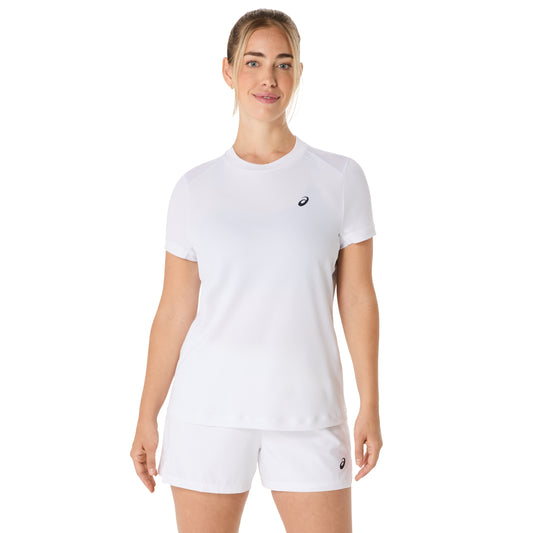 Woman wearing a white Asics t-shirt and shorts with a brand logo on a white background