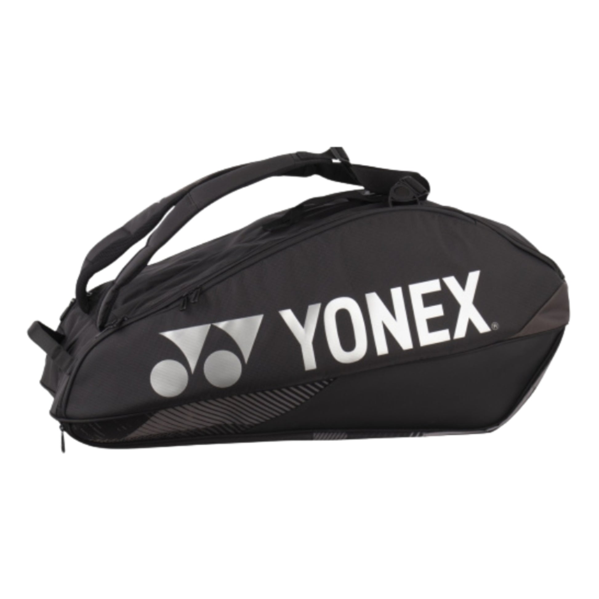 Black Yonex tennis bag on a white background