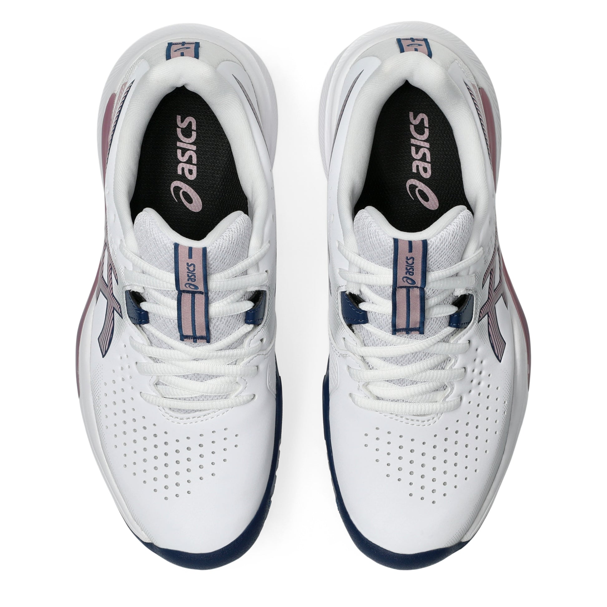 A pair of ASICS tennis shoes in white, featuring a dark navy blue outsole, a pink and navy heel accent, and a navy logo on the side, set against a plain white background.