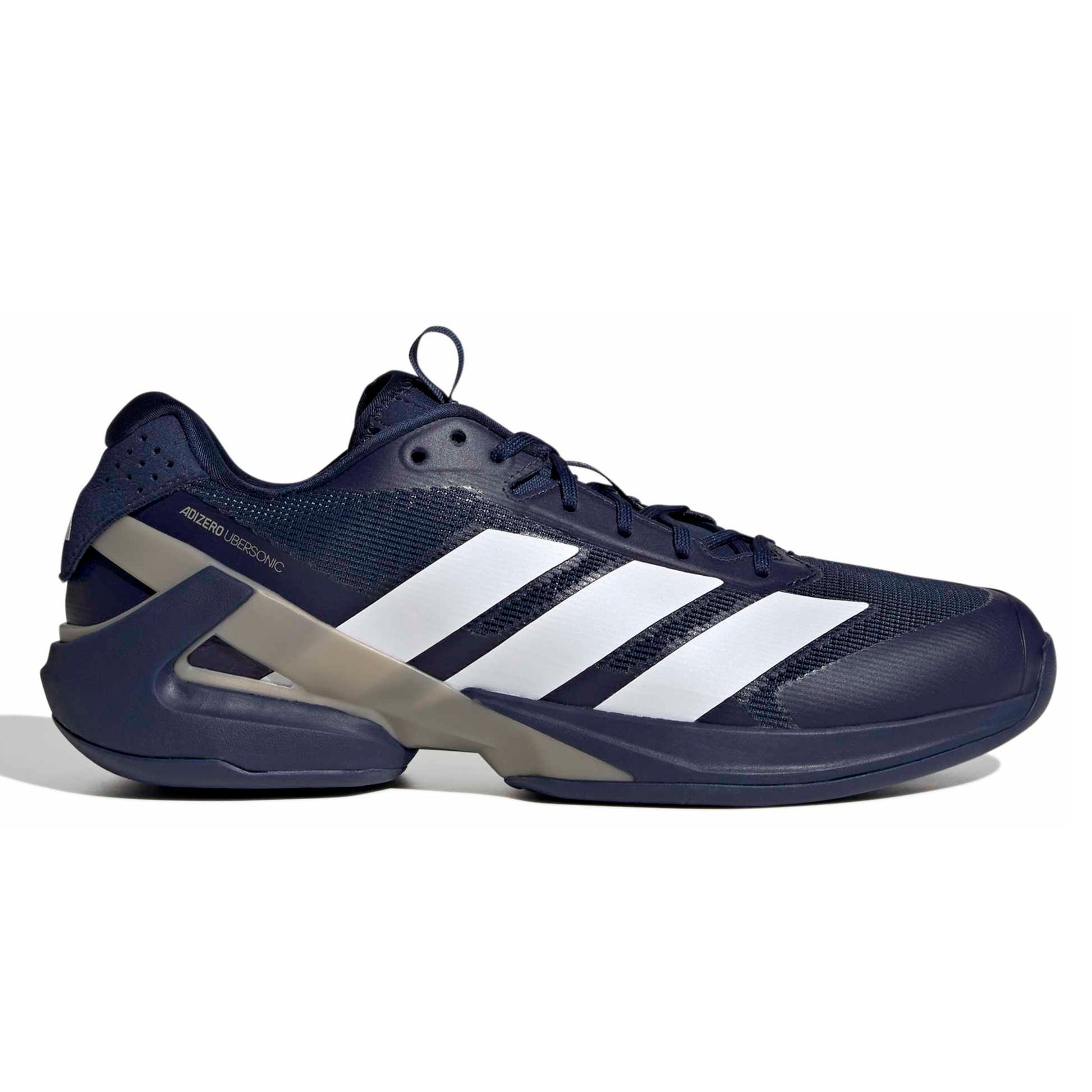 Navy blue Adidas tennis shoe with white stripes on a white background