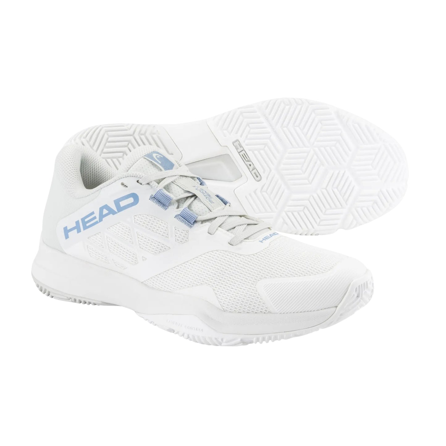 White padel shoes with blue accents and 'HEAD' branding on a white background