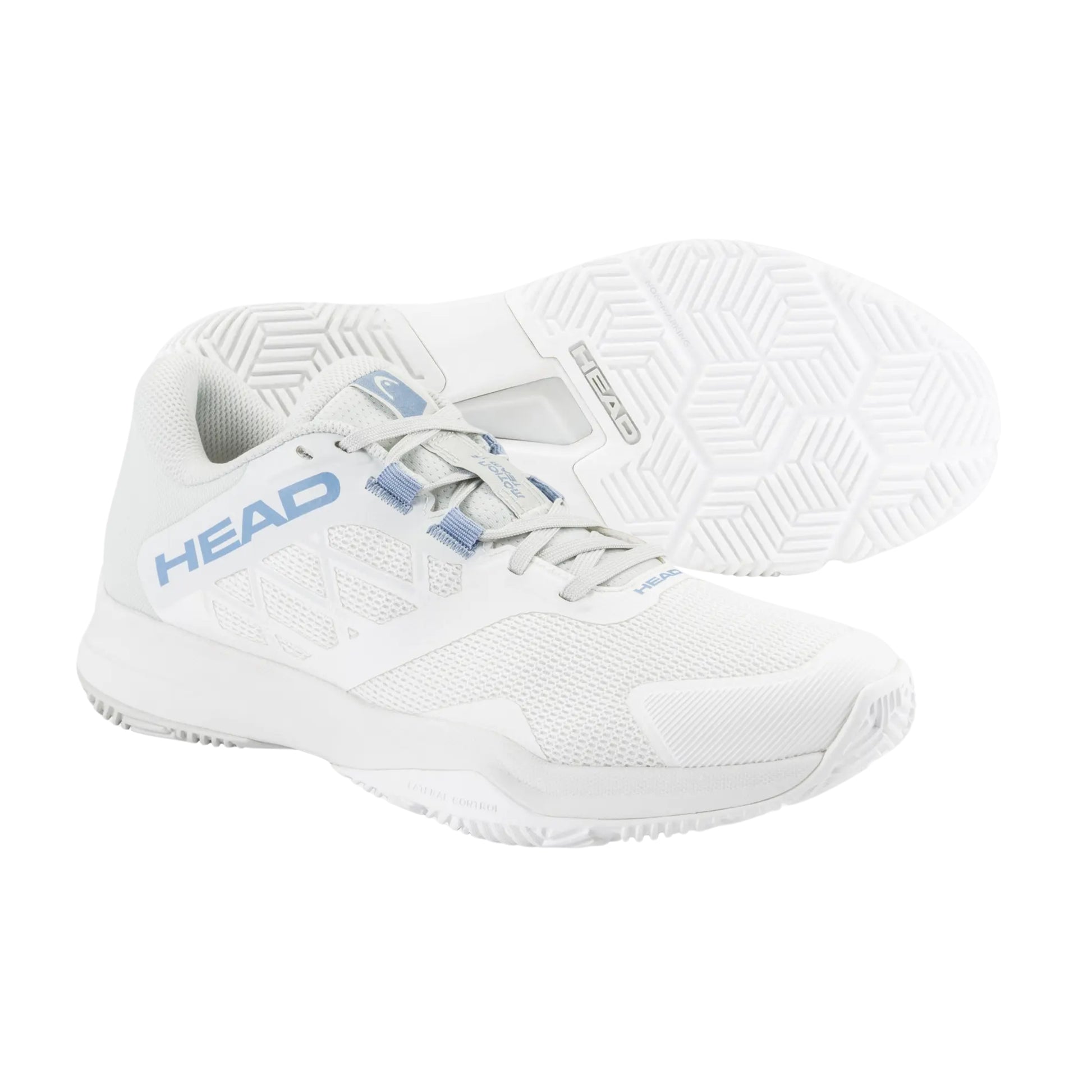 White padel shoes with blue accents and 'HEAD' branding on a white background