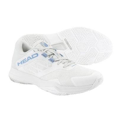 White padel shoes with blue accents and 'HEAD' branding on a white background