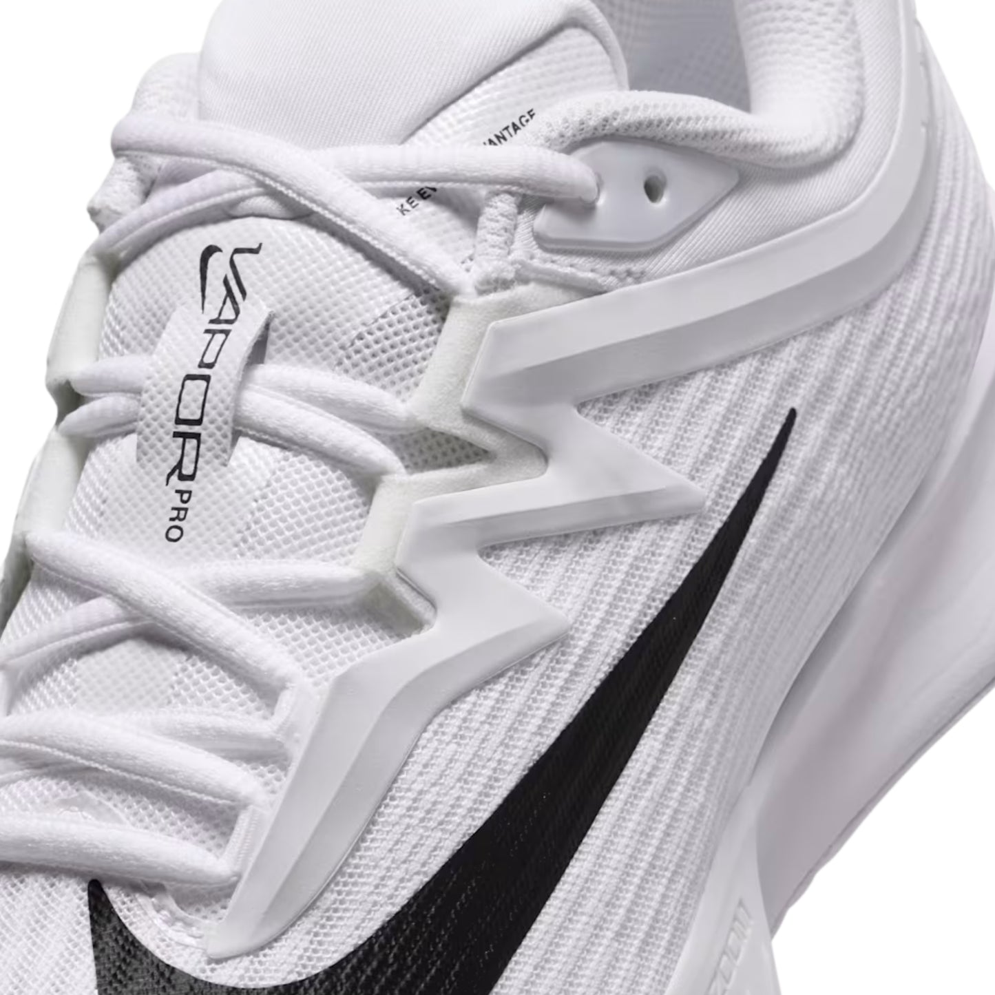 White tennis shoe with black swoosh logo on a white background