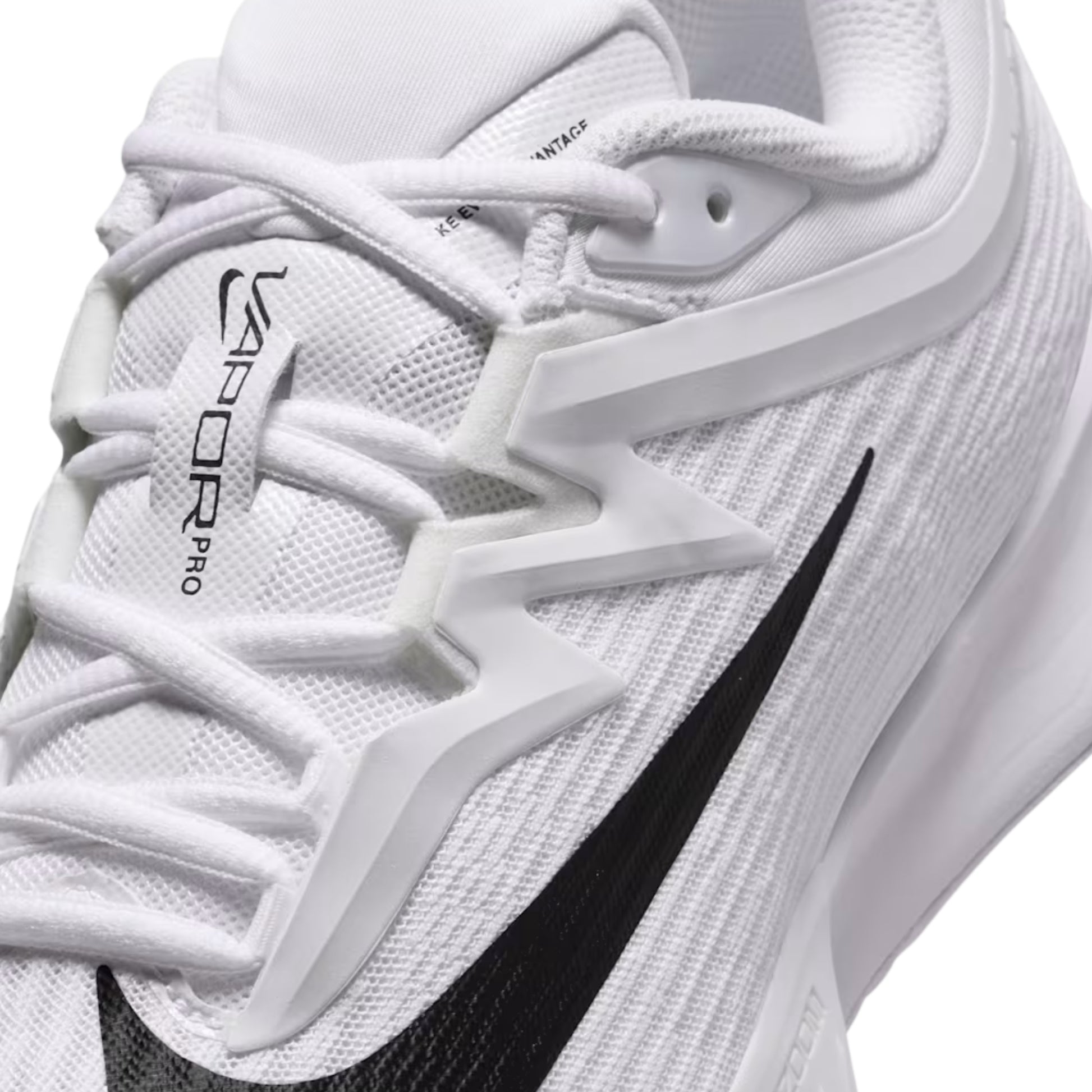 White tennis shoe with black swoosh logo on a white background