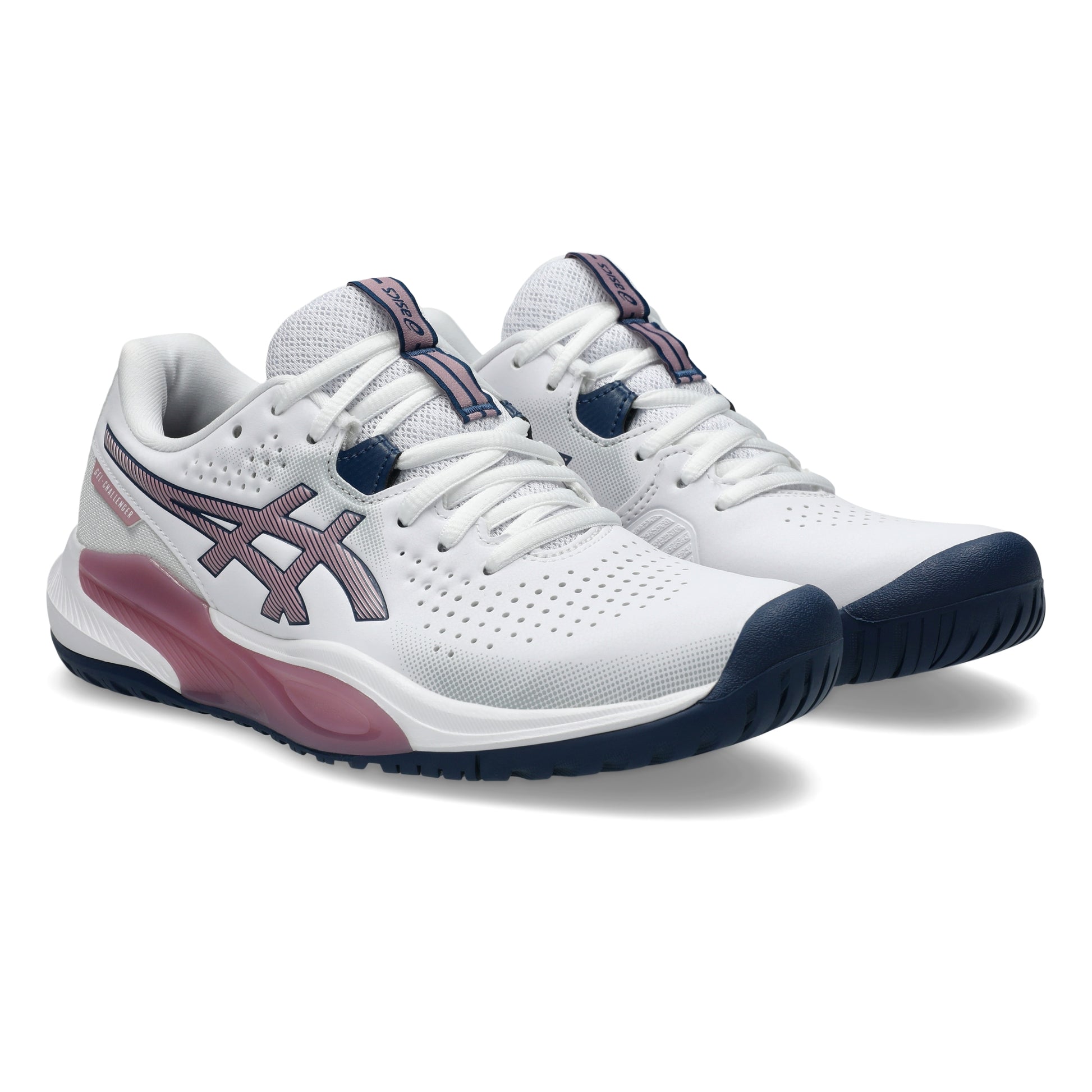 A pair of ASICS tennis shoes in white, featuring a dark navy blue outsole, a pink and navy heel accent, and a navy logo on the side, set against a plain white background.