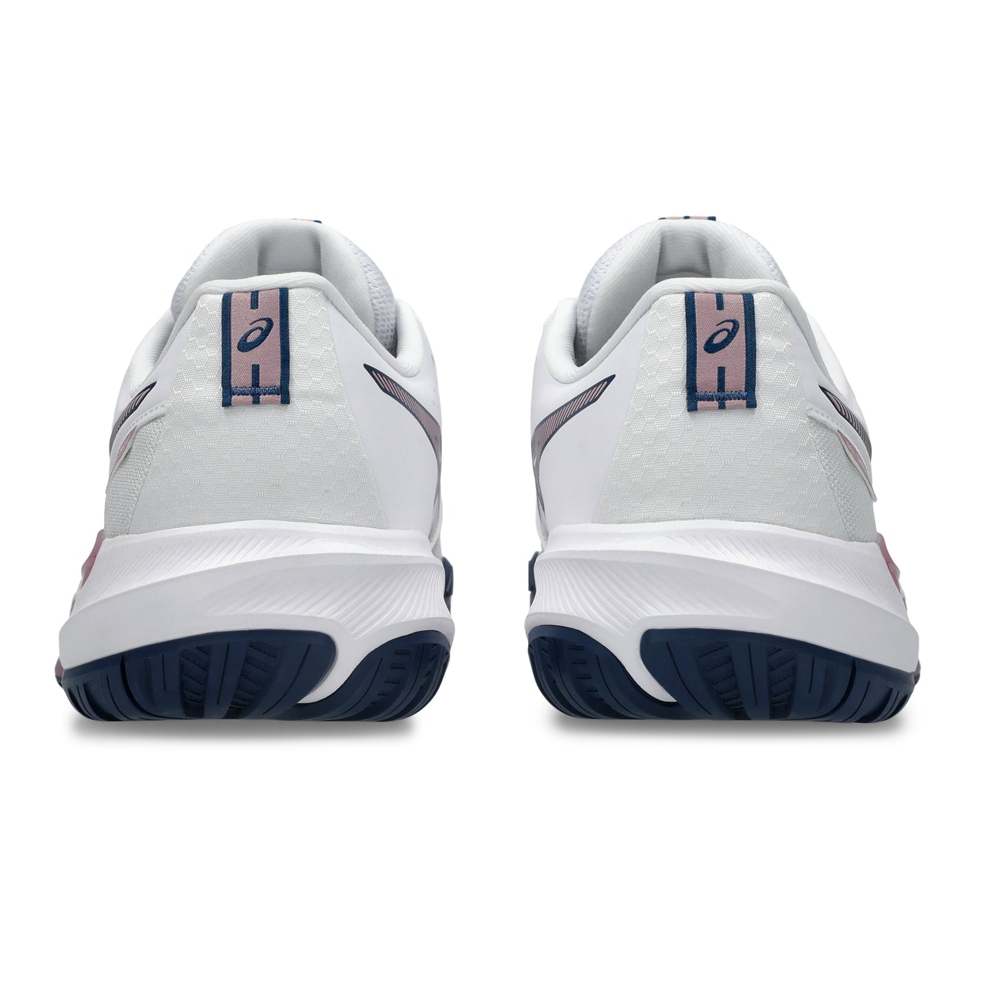 A pair of Asics tennis shoes shown from the rear, featuring a white upper with navy blue outsoles and heel tabs, and a light pink accent stripe on the heel tabs.