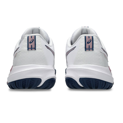 A pair of Asics tennis shoes shown from the rear, featuring a white upper with navy blue outsoles and heel tabs, and a light pink accent stripe on the heel tabs.