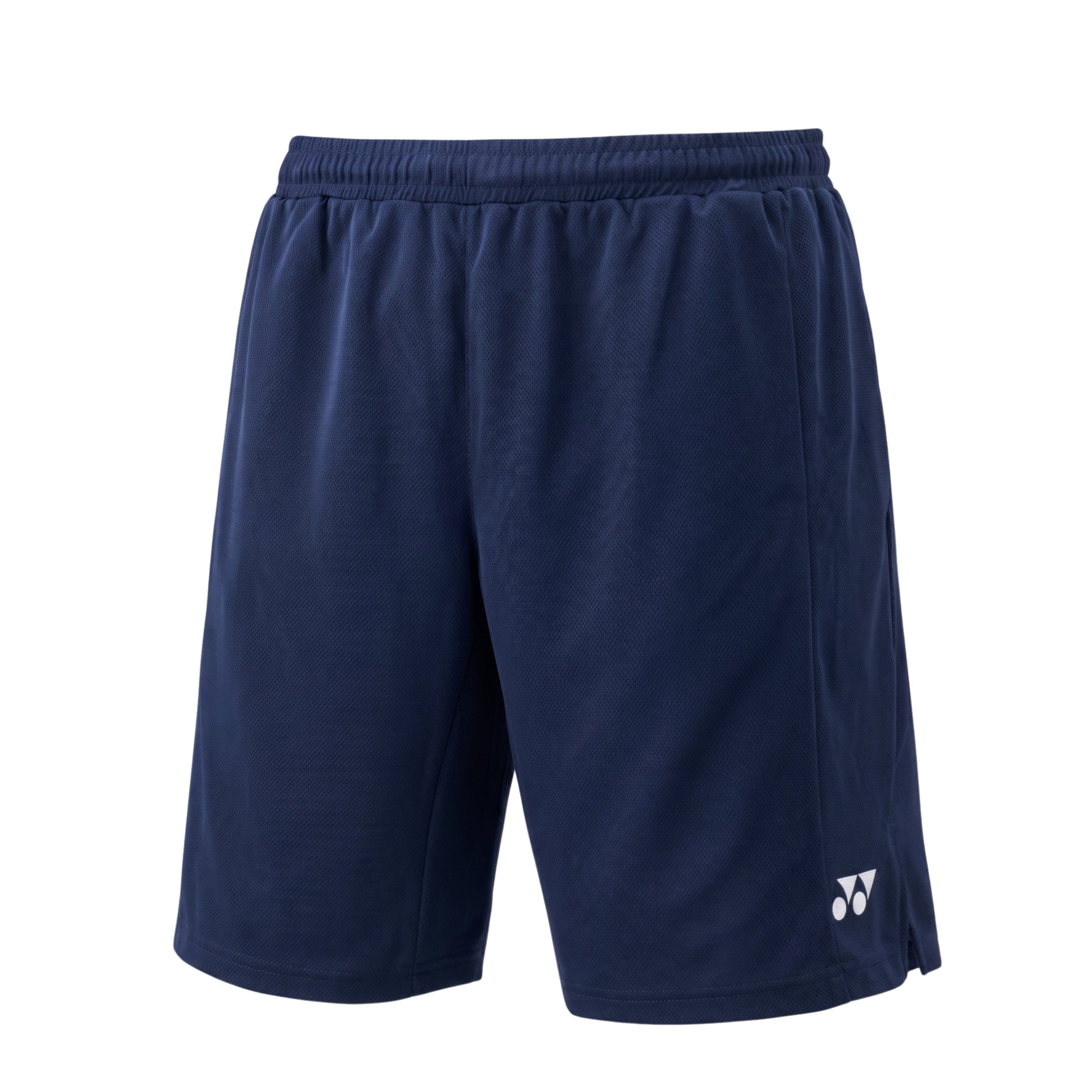 Navy Yonex shorts with a brand logo on a white background
