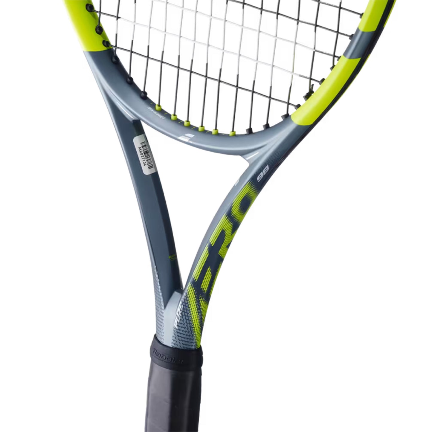 Tennis racket with a close-up of the strings on a white background
