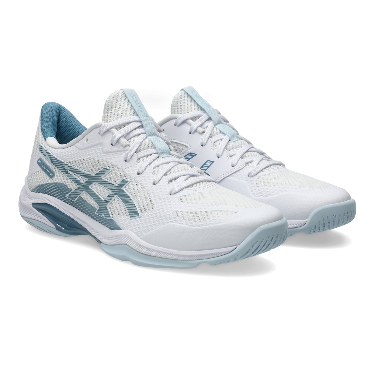 White and light blue squash shoes on a white background