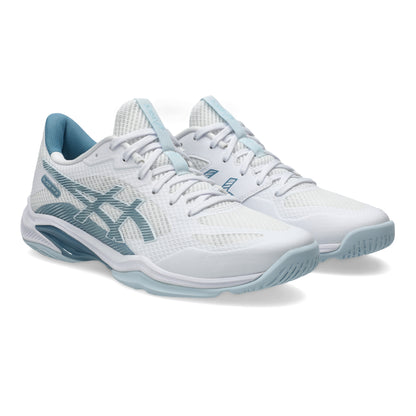 White and light blue squash shoes on a white background