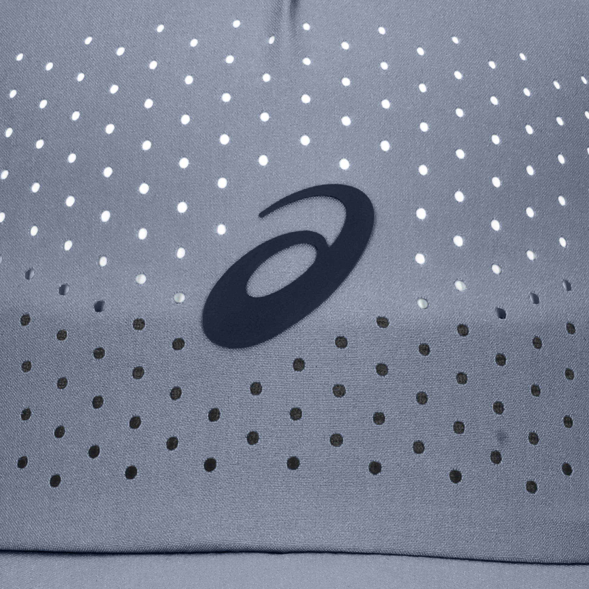 Gray cap with a brand Asics logo on a white background