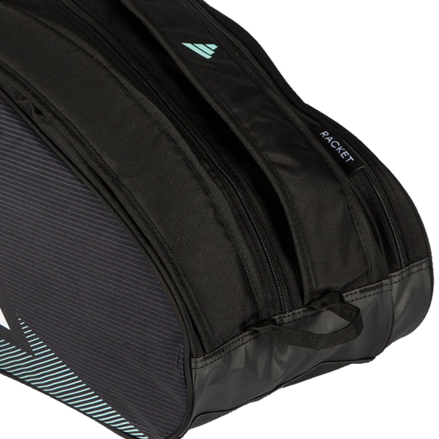 Black Adidas racket bag with white stripes on a white background
