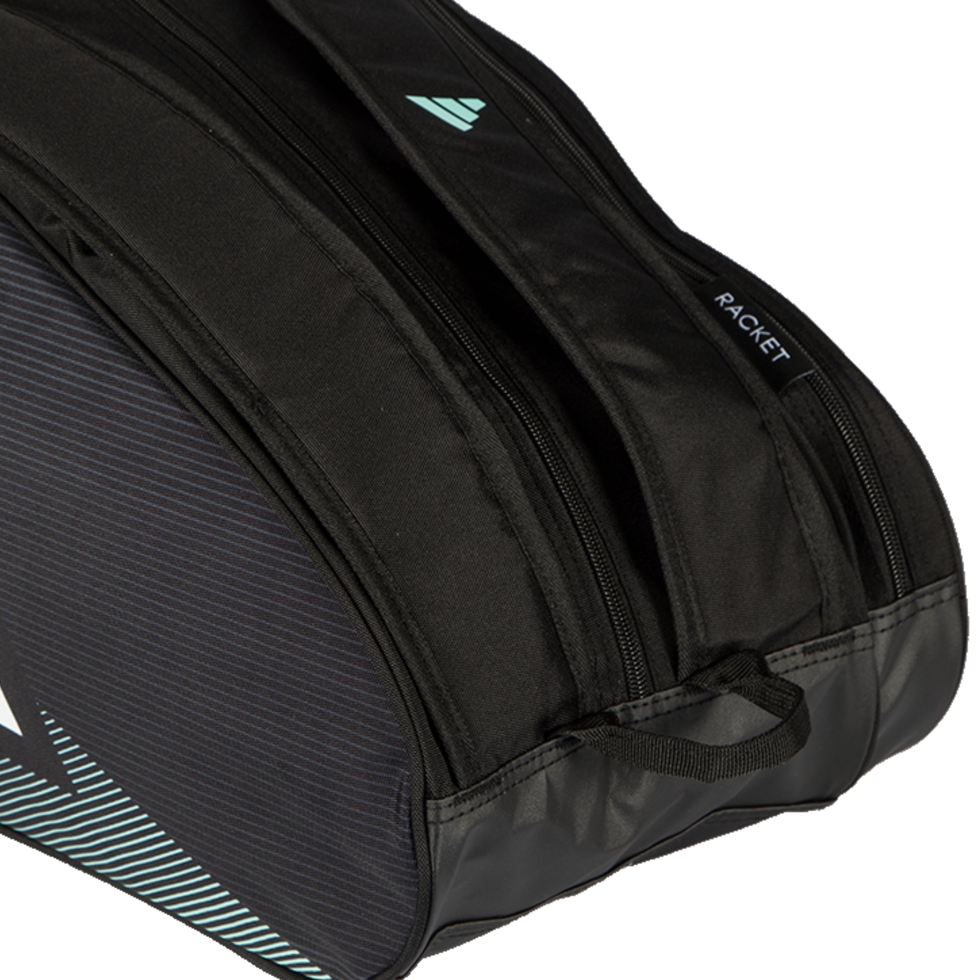 Black Adidas racket bag with white stripes on a white background