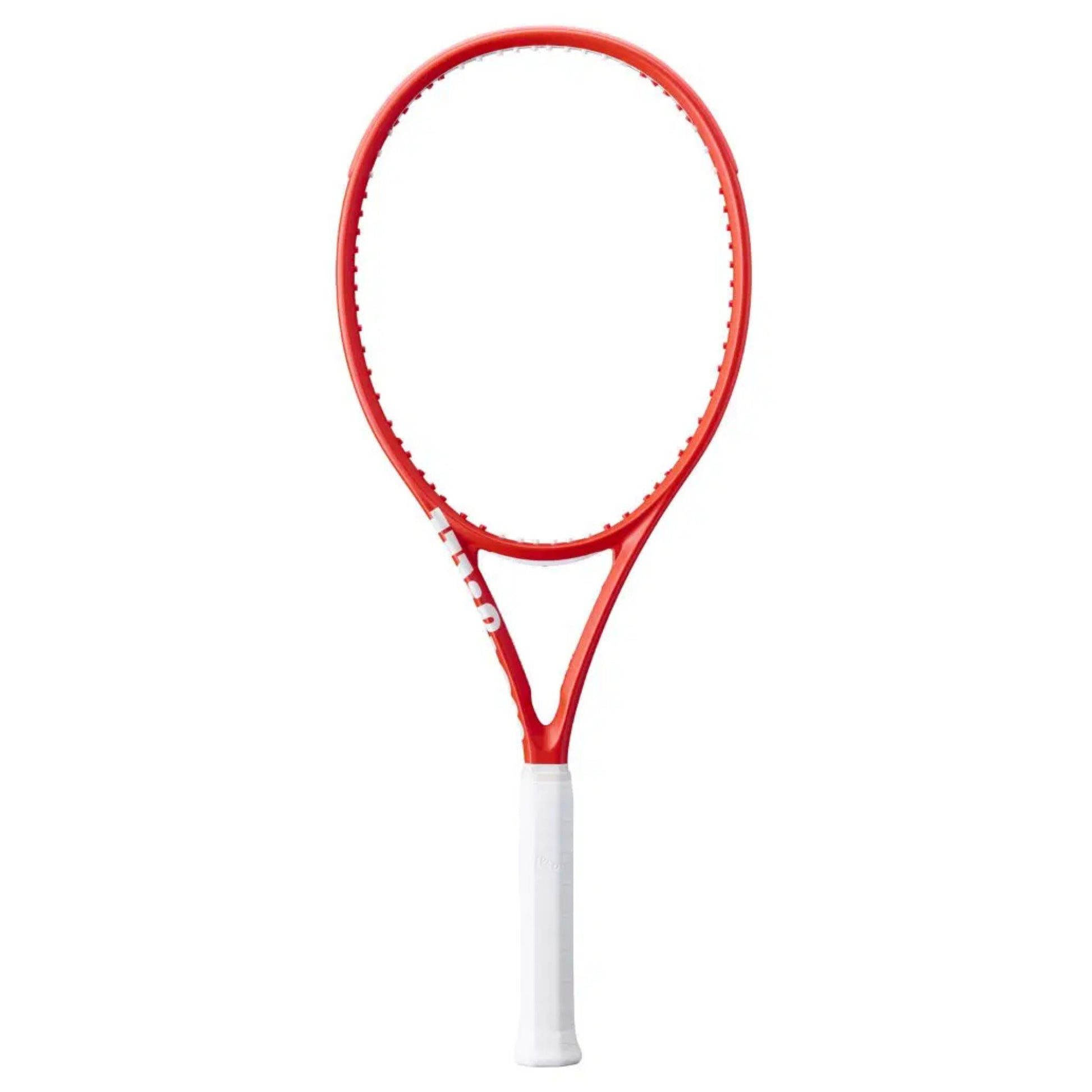 Red tennis racket with white handle on a white background