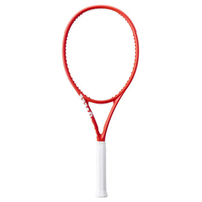 Red tennis racket with white handle on a white background