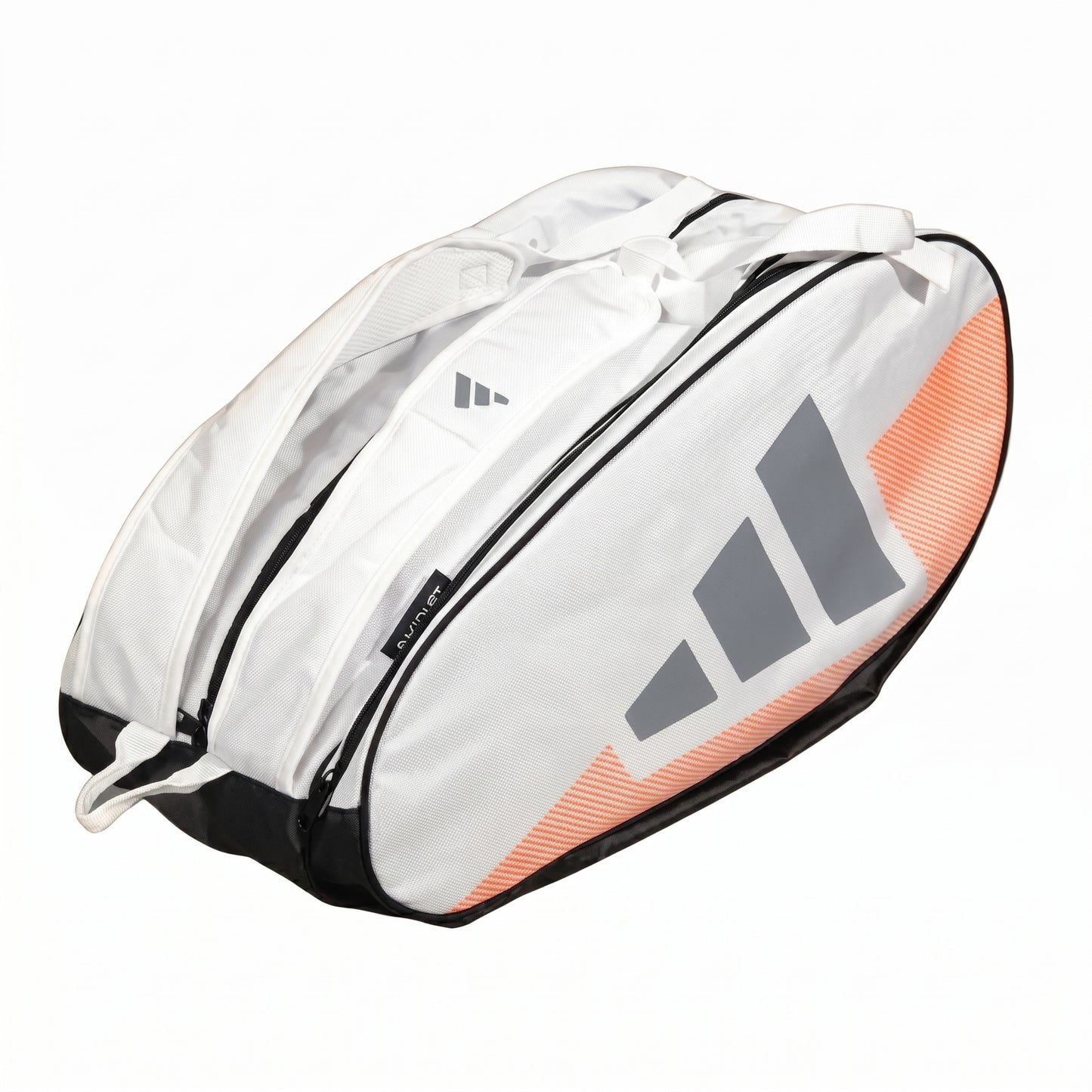 White and orange adidas tennis bag with Adidas logo on a white background