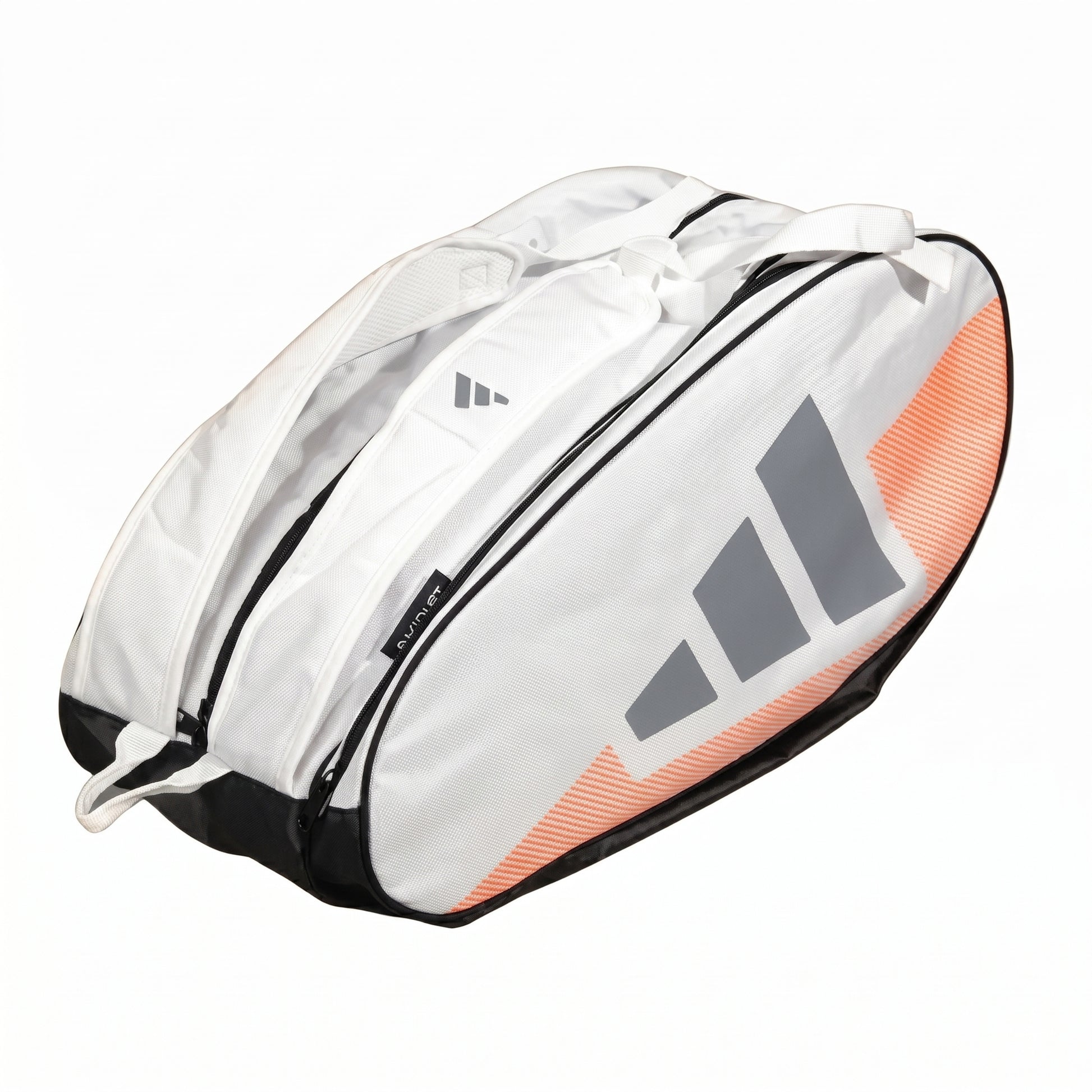 White and orange adidas tennis bag with Adidas logo on a white background
