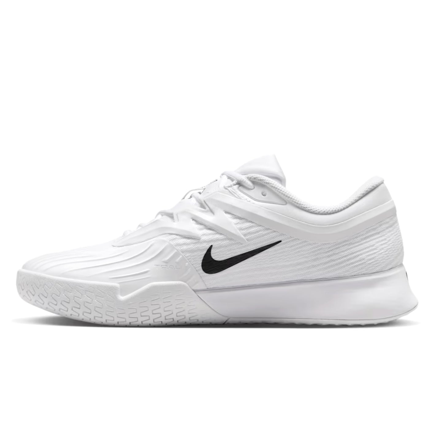 White tennis shoe with black Nike logo on a white background