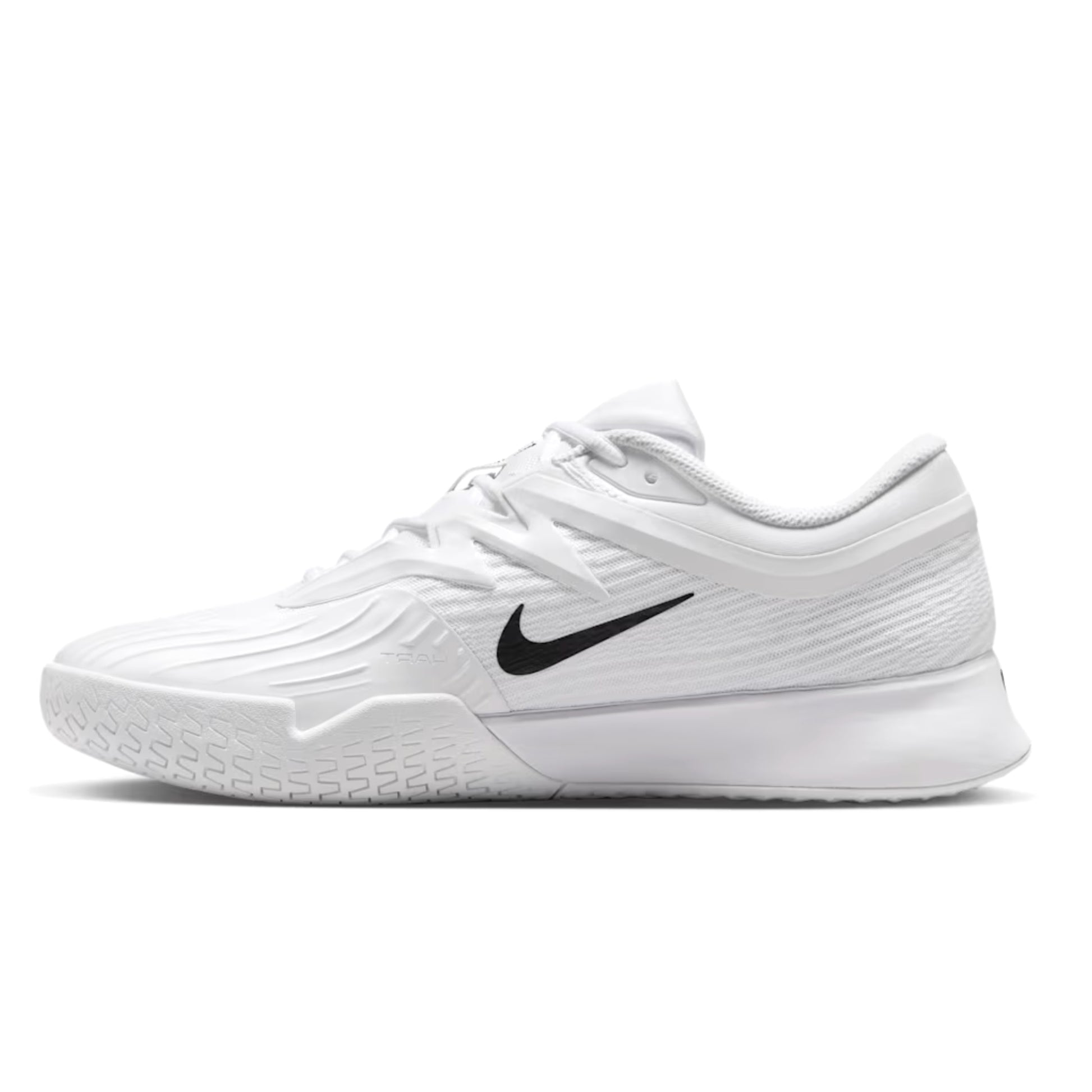White tennis shoe with black Nike logo on a white background