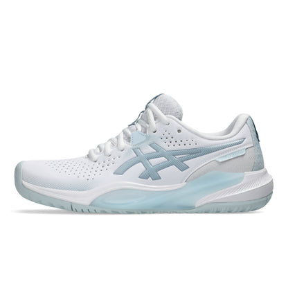 White and light blue tennis shoe on a white background