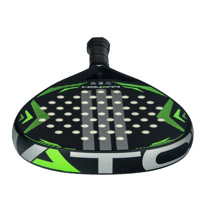Padel racket with green and black design on a white background